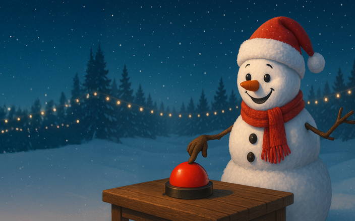 Snowman pressing a red button for a trivia game