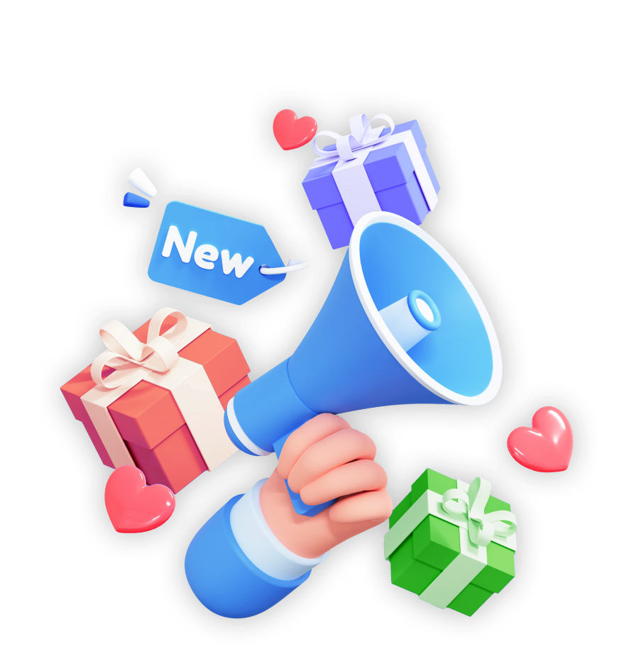 Hand holding a megaphone and a new tag with gifts