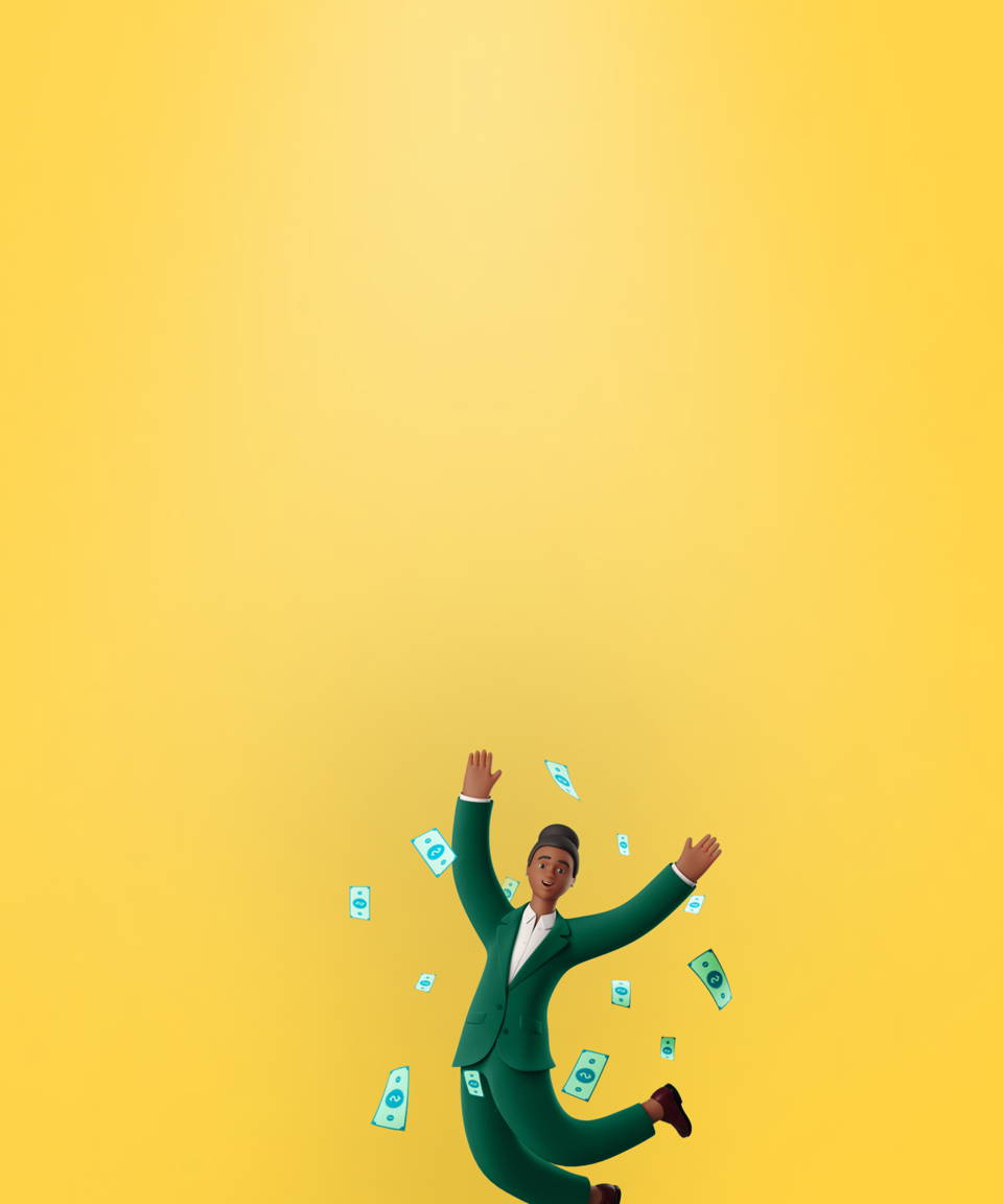 Black employee jumping for joy surrounded by falling money (small)