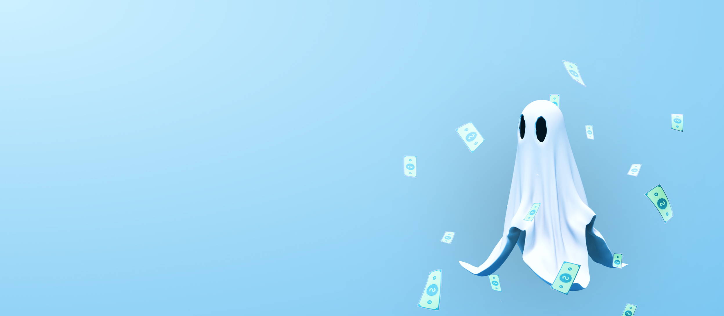A sheet ghost surrounded by falling money for Confetti's Virtual Halloween Jeopardy