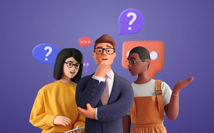 Three people making guesses with various question mark speech bubbles in the background for Confetti's Virtual Password Game Online
