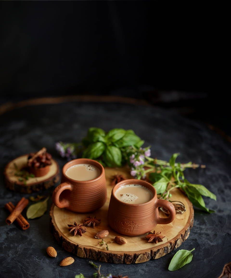 Two cups of masala chai on wooden board with spices (small)
