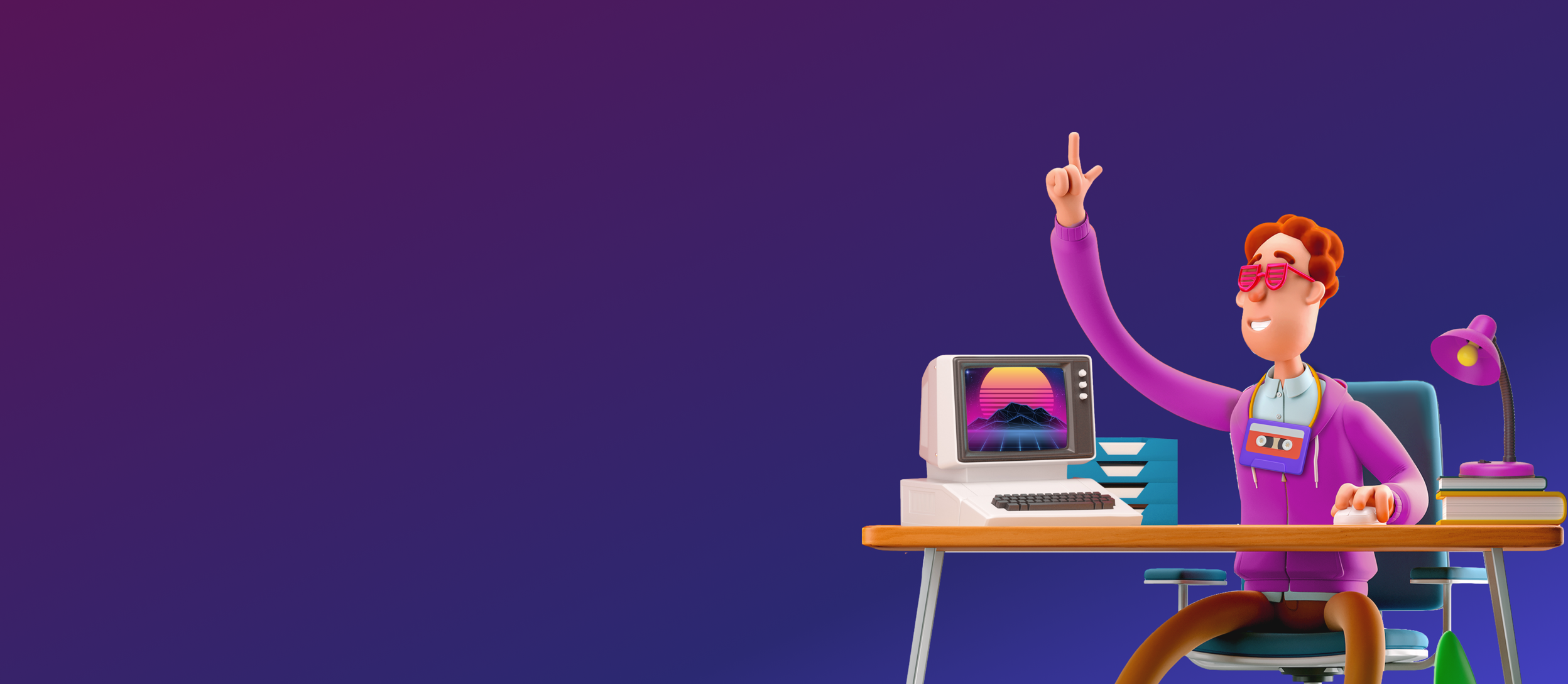 An employee wearing 80's themed hoodie and glasses next to a retro computer for Confetti's Virtual 80s Trivia