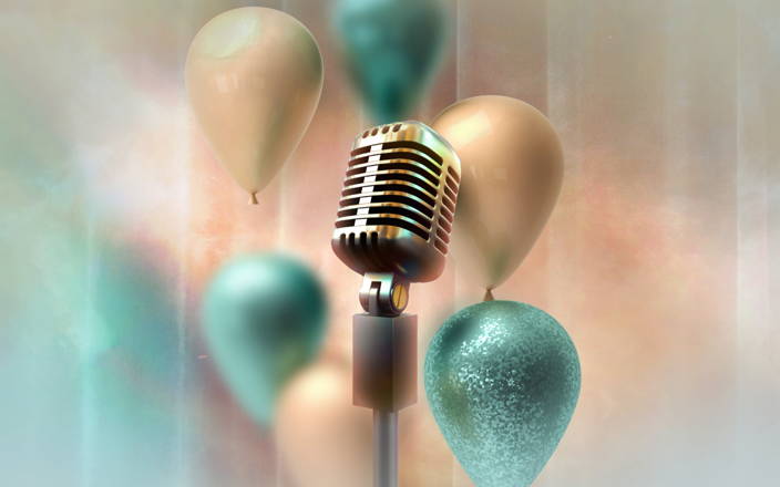 Balloons and a microphone for Confetti's Virtual Prom Theme Corporate Event