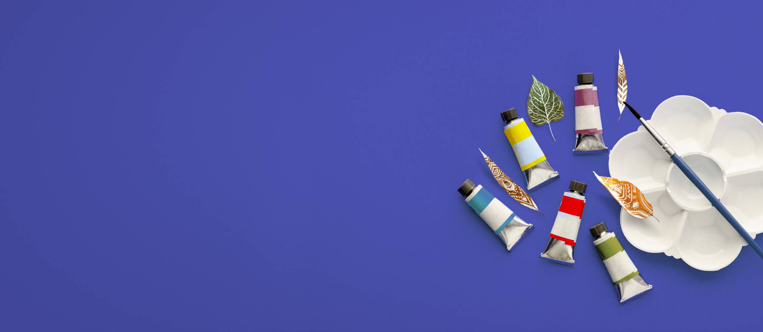 Tubes of paint, palette, and paintbrush with fall leaves (large)