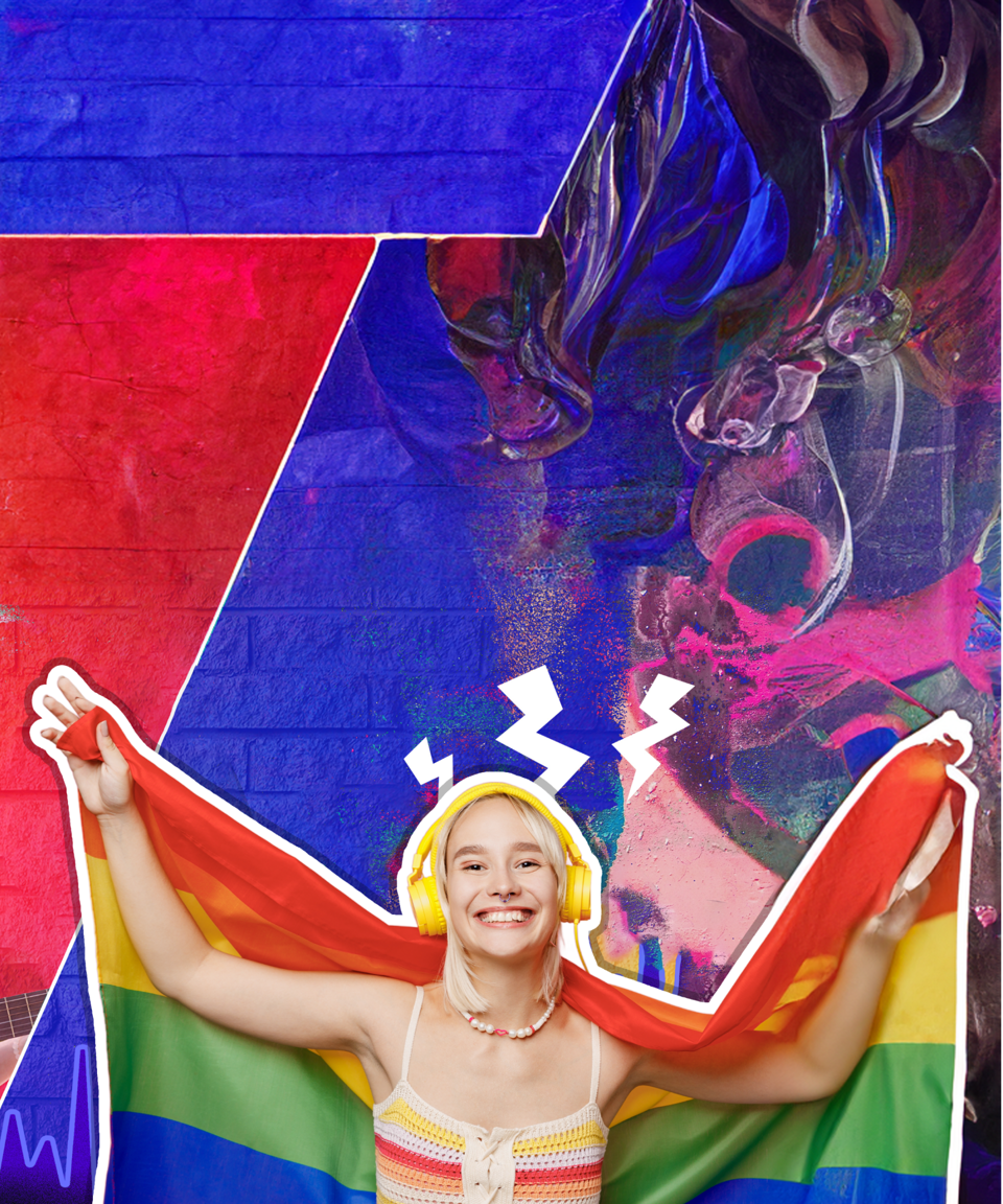 Woman wearing headphones holding a Pride flag 