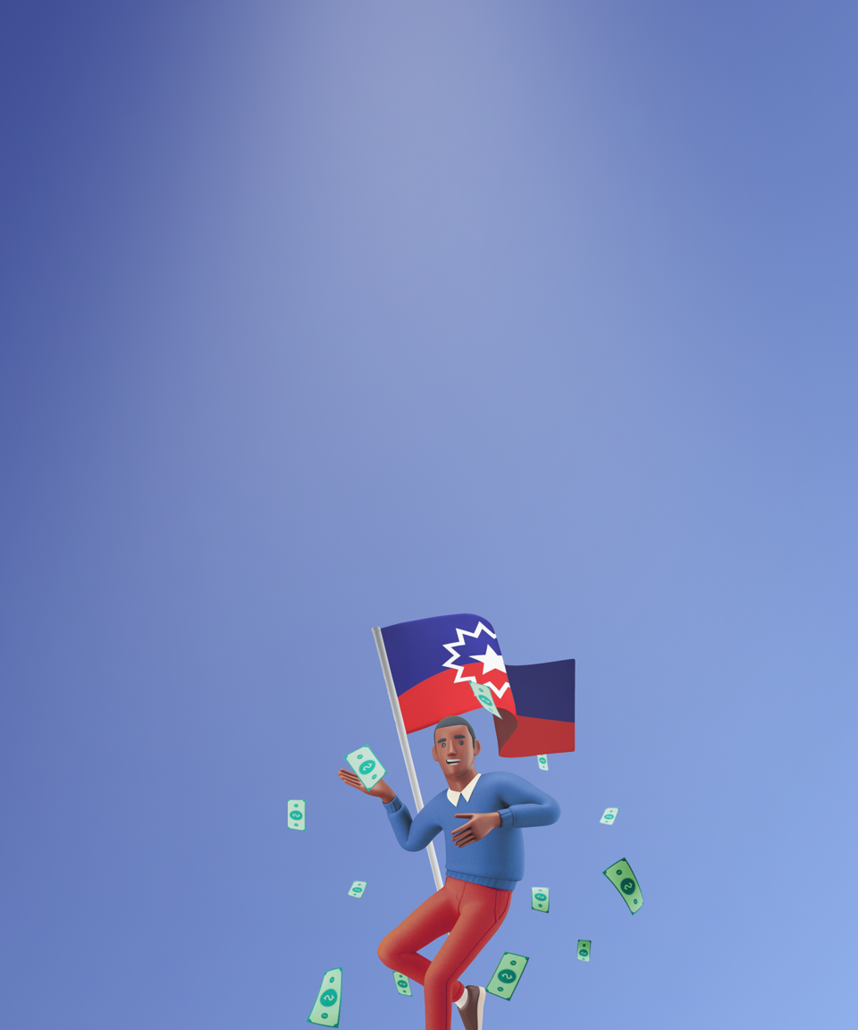 A Black employee jumping joyfully in front of the Juneteenth flag, surrounded by dollar bills for Confetti's Virtual Juneteenth Jeoparty