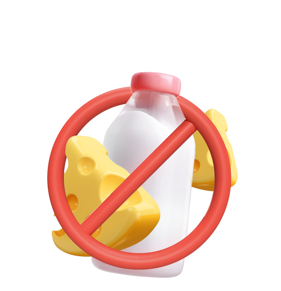 Cancel sign over a bottle of milk and cheese