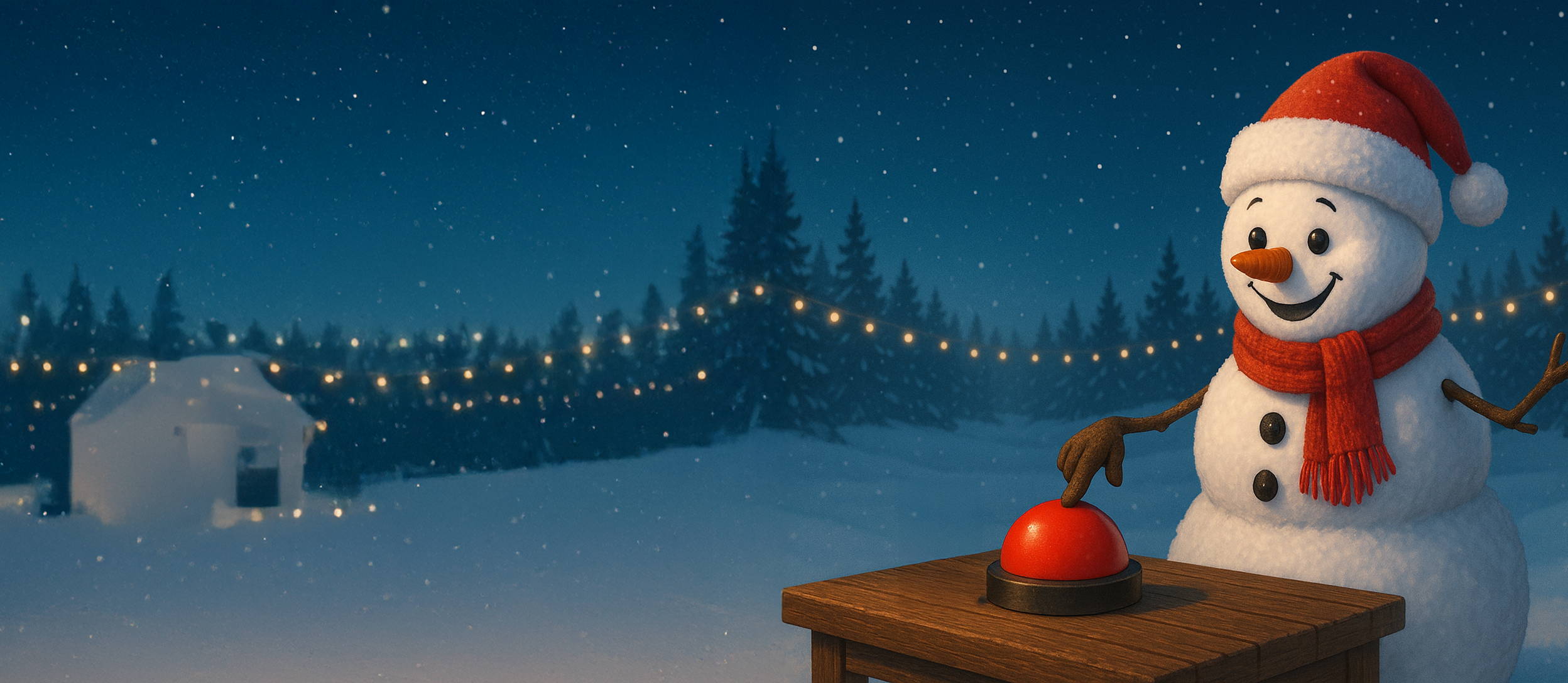 Snowman pressing a button for a trivia game