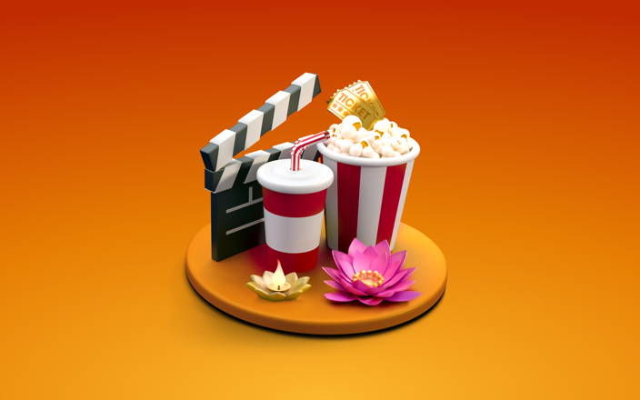 Clapboard, popcorn, drink, movie tickets, and lotus flowers against orange background (preview)