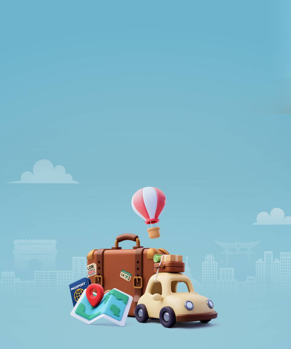 Map, passport, suitcase, car, hot balloon in city (small)
