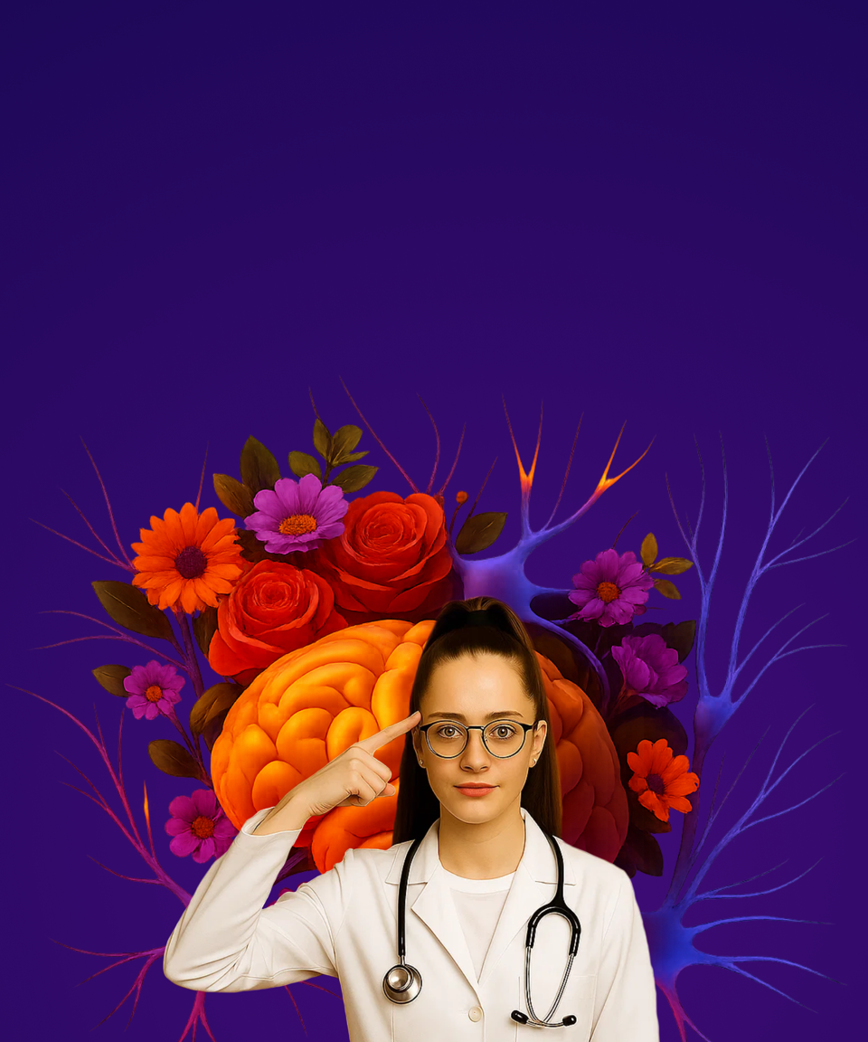 Female doctor pointing to her brain, with a brain image and flowers in the background