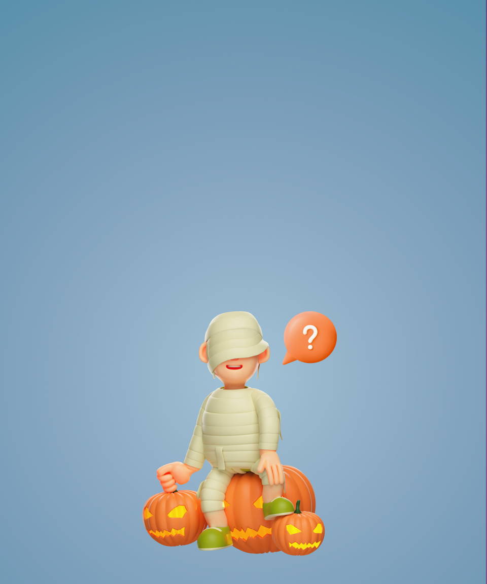A person dressed as a mummy sitting on pumpkins playing Guess Who for Confetti's Virtual Halloween Guess Who