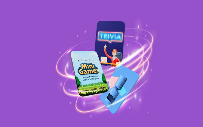The logos for Confetti's Water Cooler, Mini Games, and Classic Trivia in a sparkly whirlpool for Confetti's Virtual Zoom Games for Work
