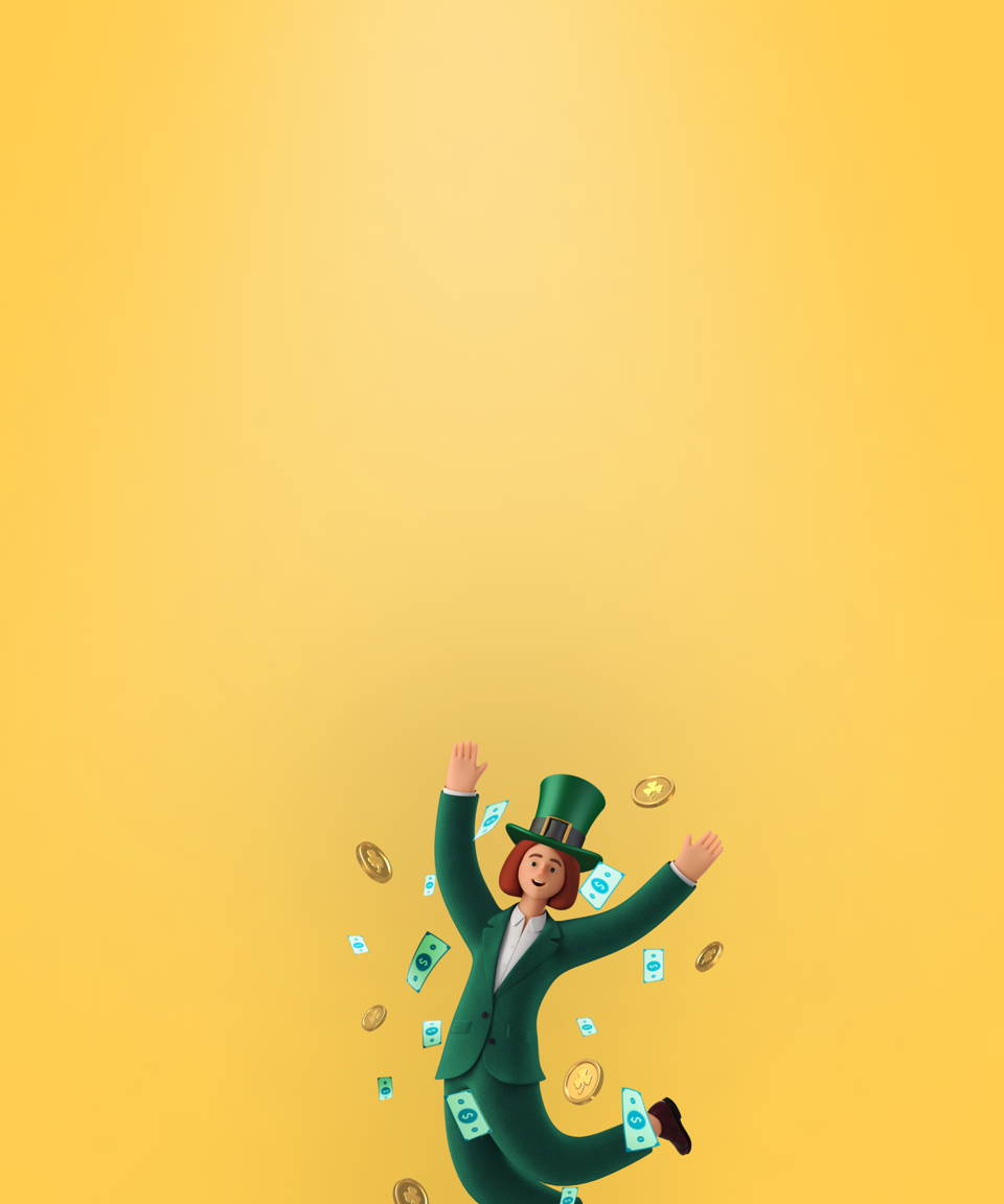 An employee in a green suit and a leprechaun hat celebrating amidst a ton of dollar bills for Confetti's Virtual St. Patrick's Day Jeoparty 