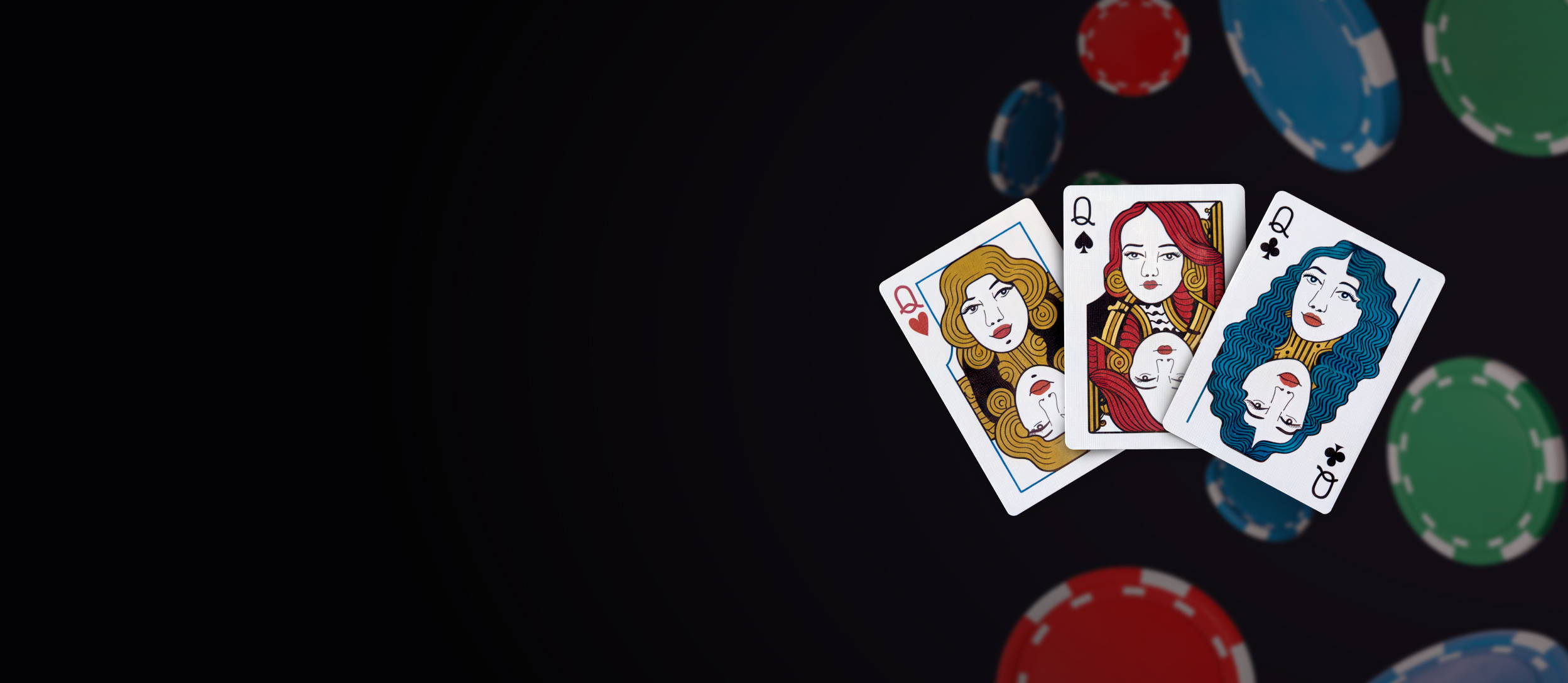 Three queen cards and poker chips (large)