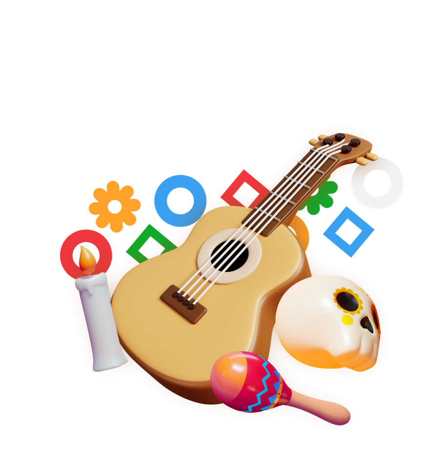 Acoustic guitar, candle, maraca, and sugar skull for Hispanic Heritage Activities