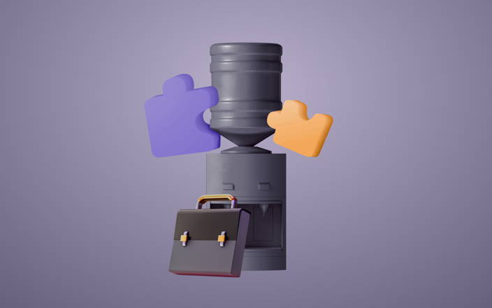 A briefcase resting on a black water cooler flanked by two big puzzle pieces for Confetti's Networking Icebreakers