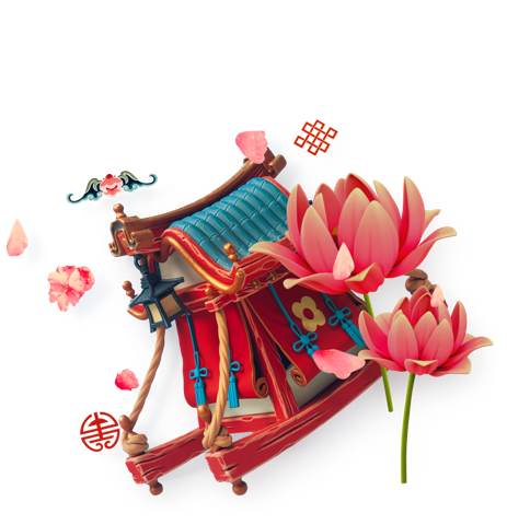 Palanquin with lotus flowers and decorative Asian symbols