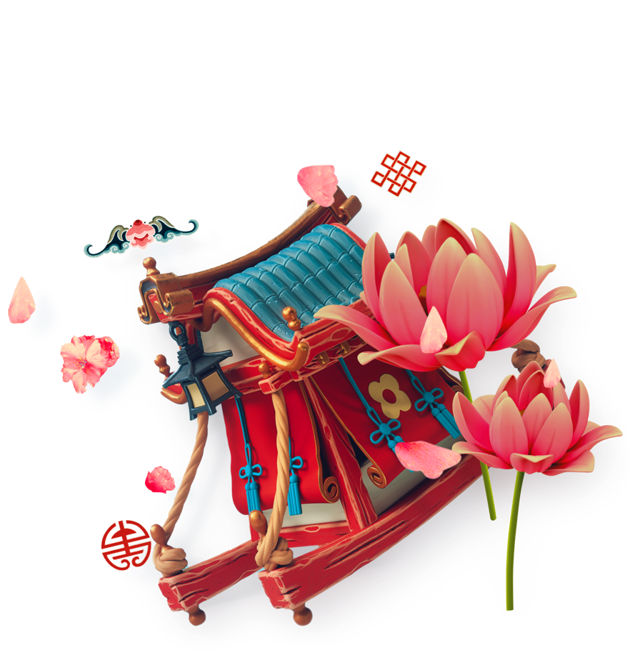 Palanquin with lotus flowers and decorative Asian symbols