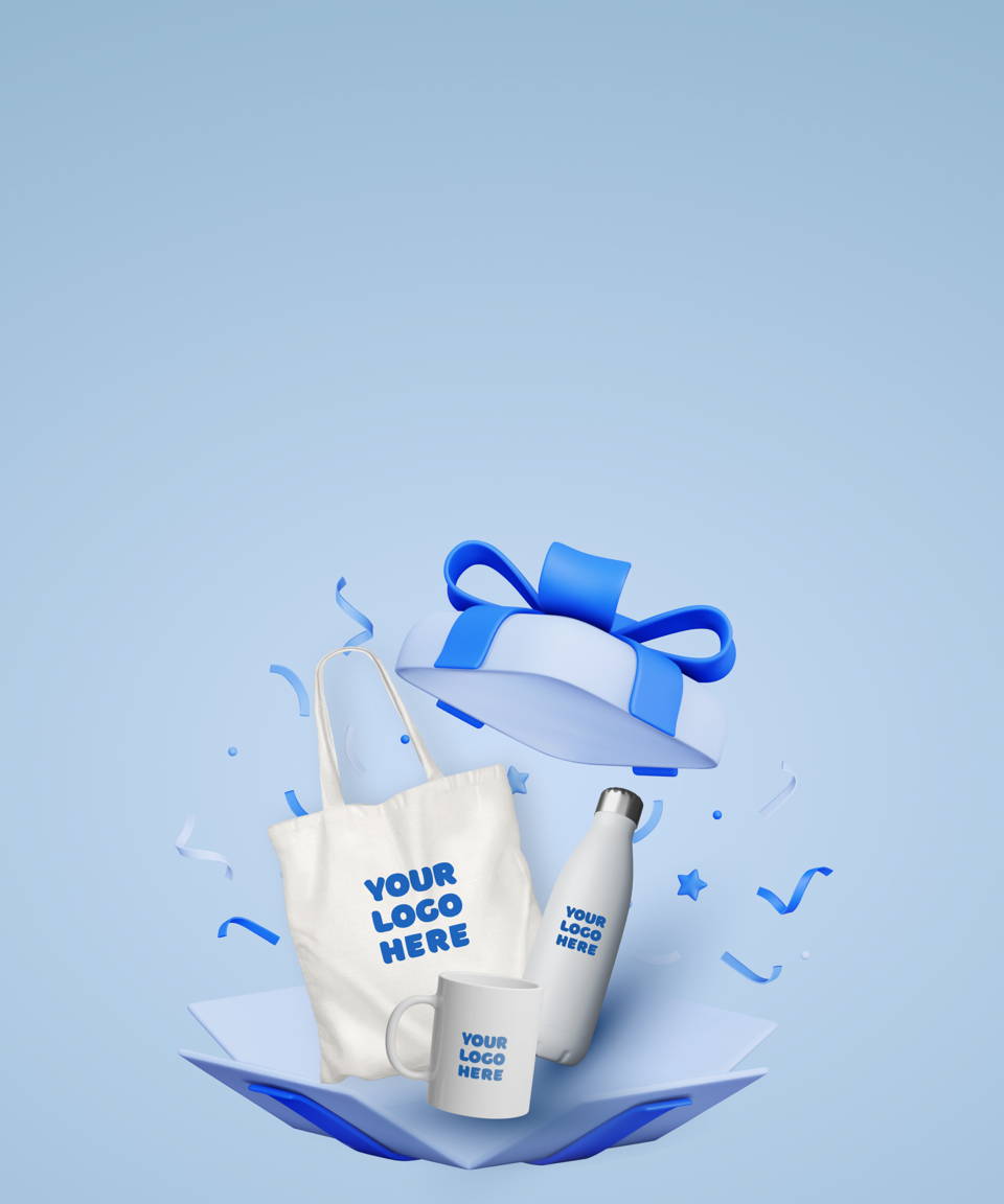 Tote bag, mug, and water bottle with 'Your Logo Here' in an opened gift box (small)
