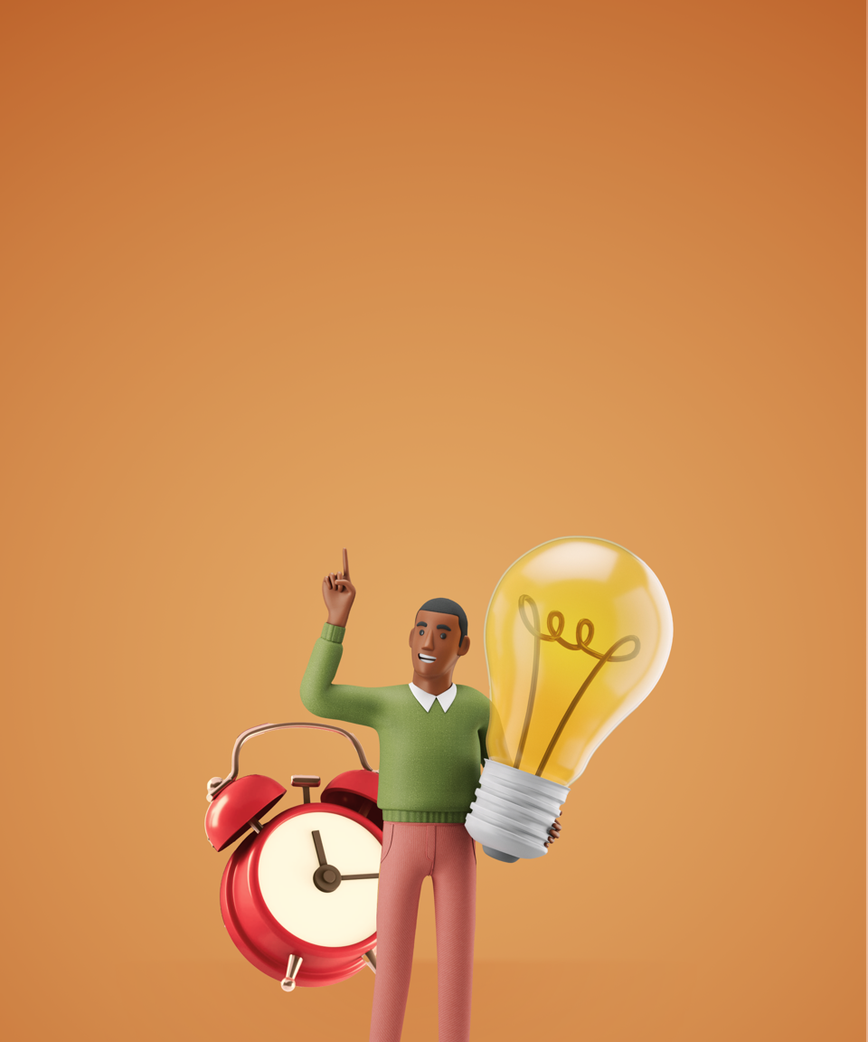 A giant alarm clock behind an employee holding up a big lightbulb for Confetti's Virtual Think Faster