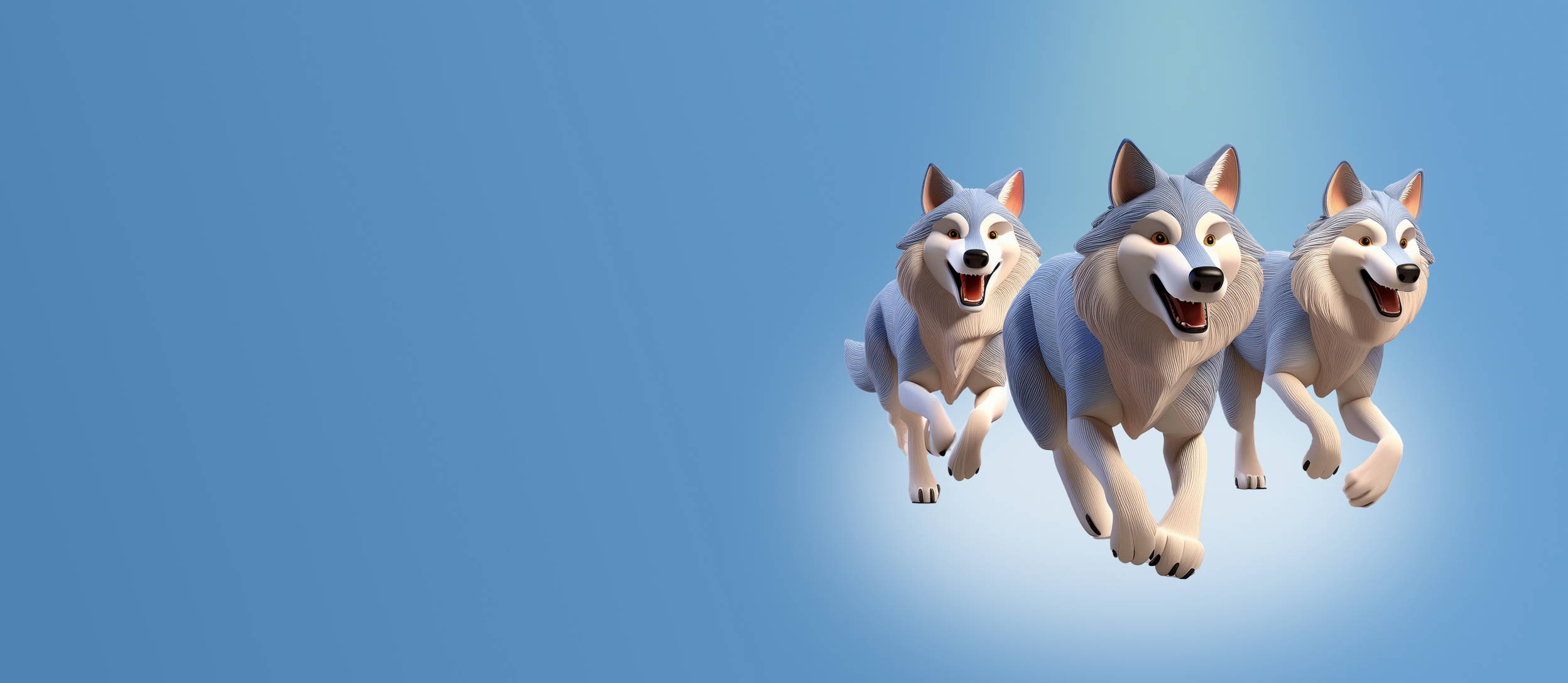 Three wolves running in a pack with blue background (large)
