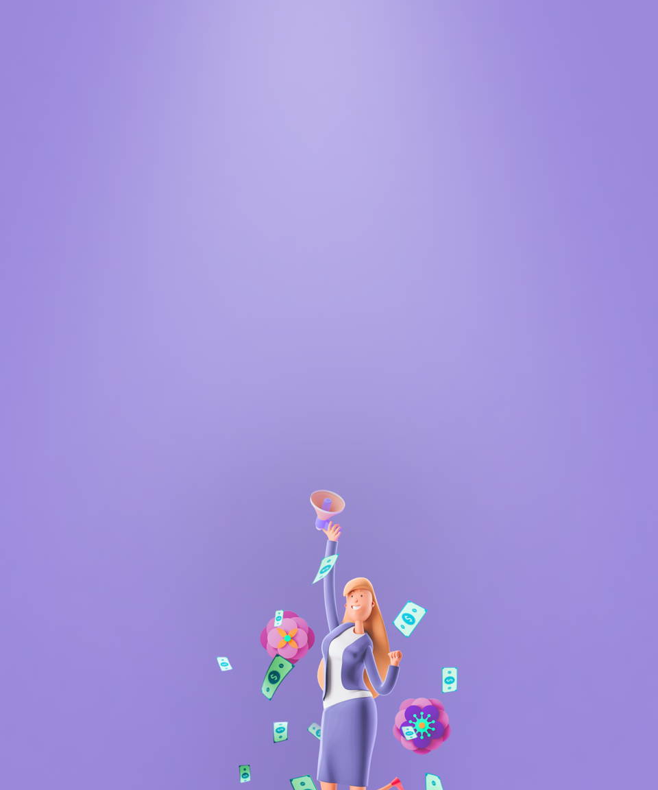 Money and flowers falling around a 3D cartoon businesswoman holding a megaphone for Confetti's Virtual Women's History Jeoparty