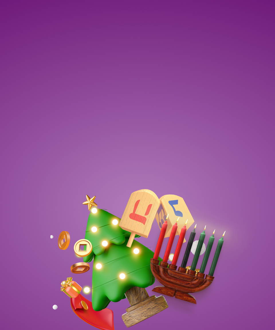 Gold coins, dreidels, a Christmas tree, menorah, and other holiday items for Confetti's Virtual Winter Holidays Around the World