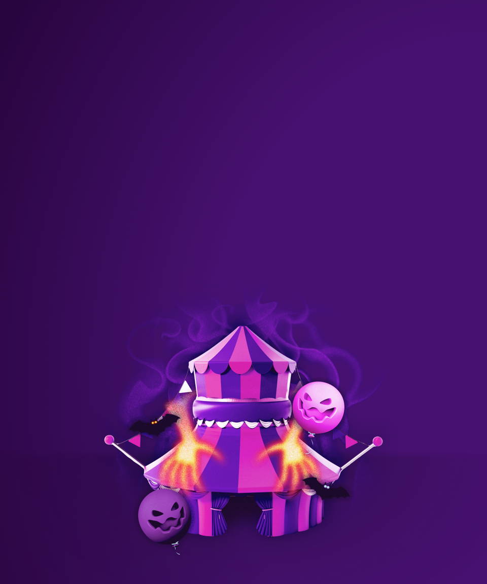 Spooky circus tent surrounded by jack-o-lanterns and spooky glowing hands for Confetti's Virtual Halloween Escape Quest 