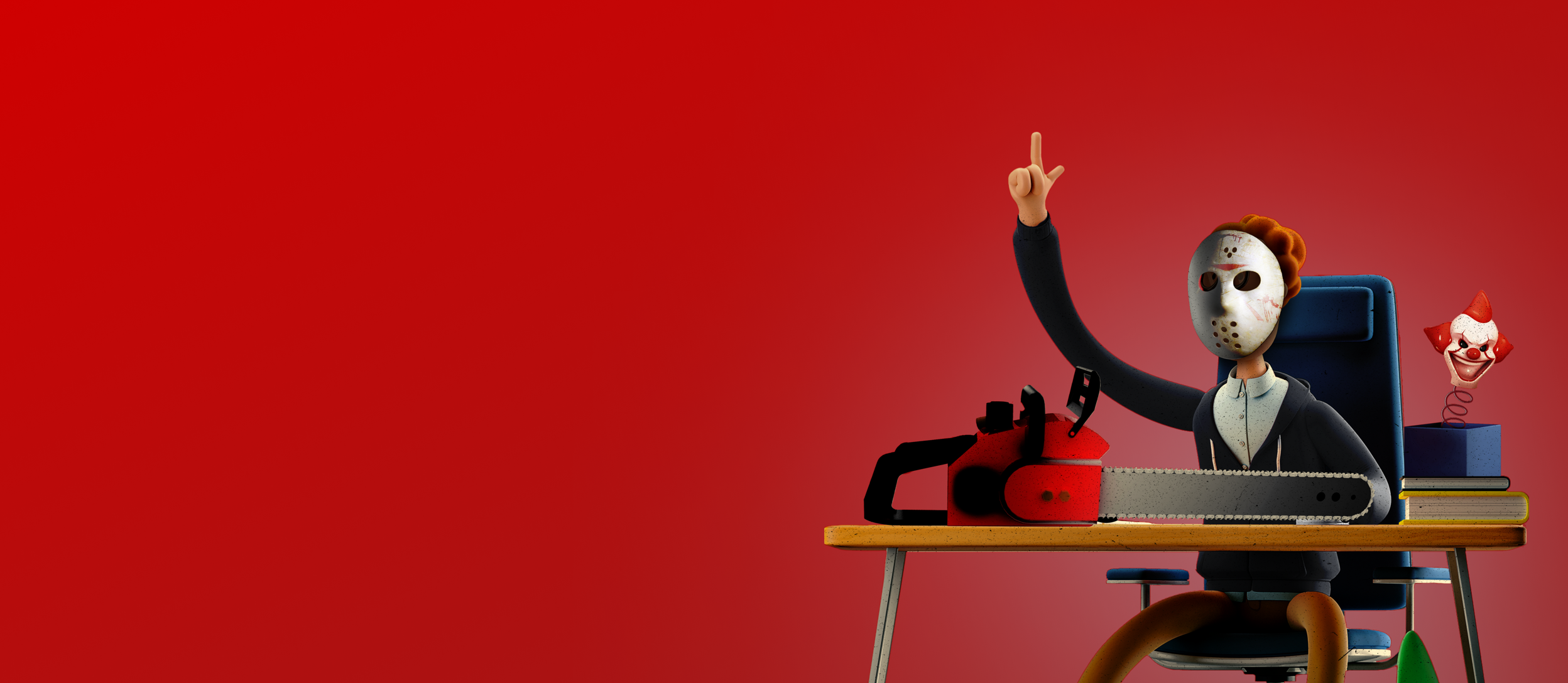 A horror movie enthusiast raising their hand at their desk to answer a question for Confetti's Horror Trivia (Large)