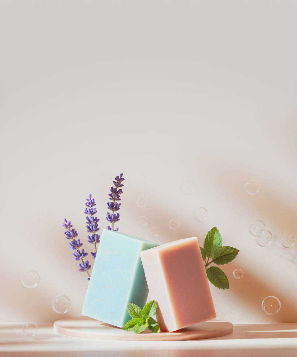 Blue and pink bar soap, lavender, mint, and bubbles (small)