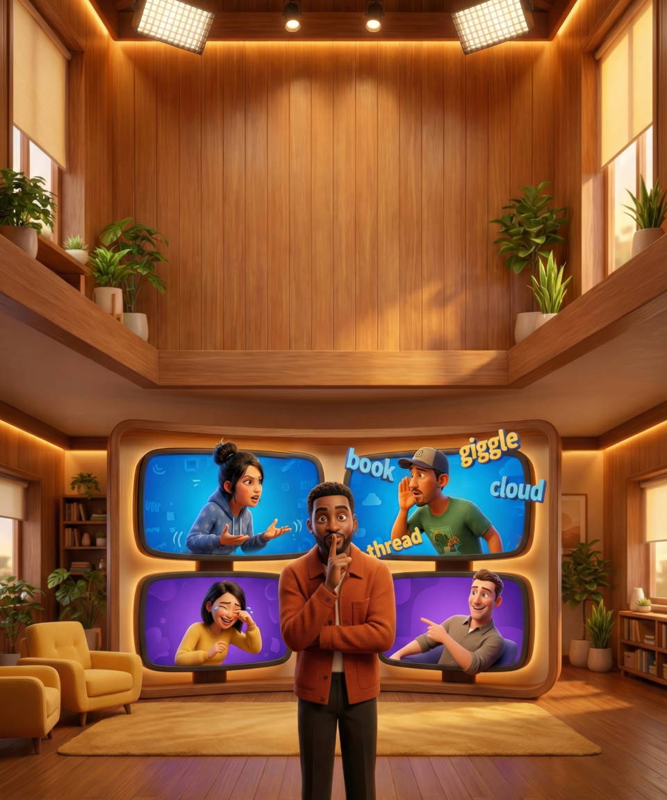 Four people are playing a guessing game while a host stands by and watches.