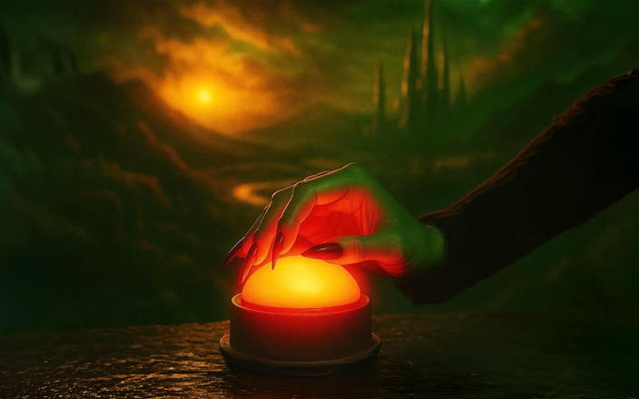 Elphaba's hand hovering over a glowing red buzzer, with mountains & a castle in the background