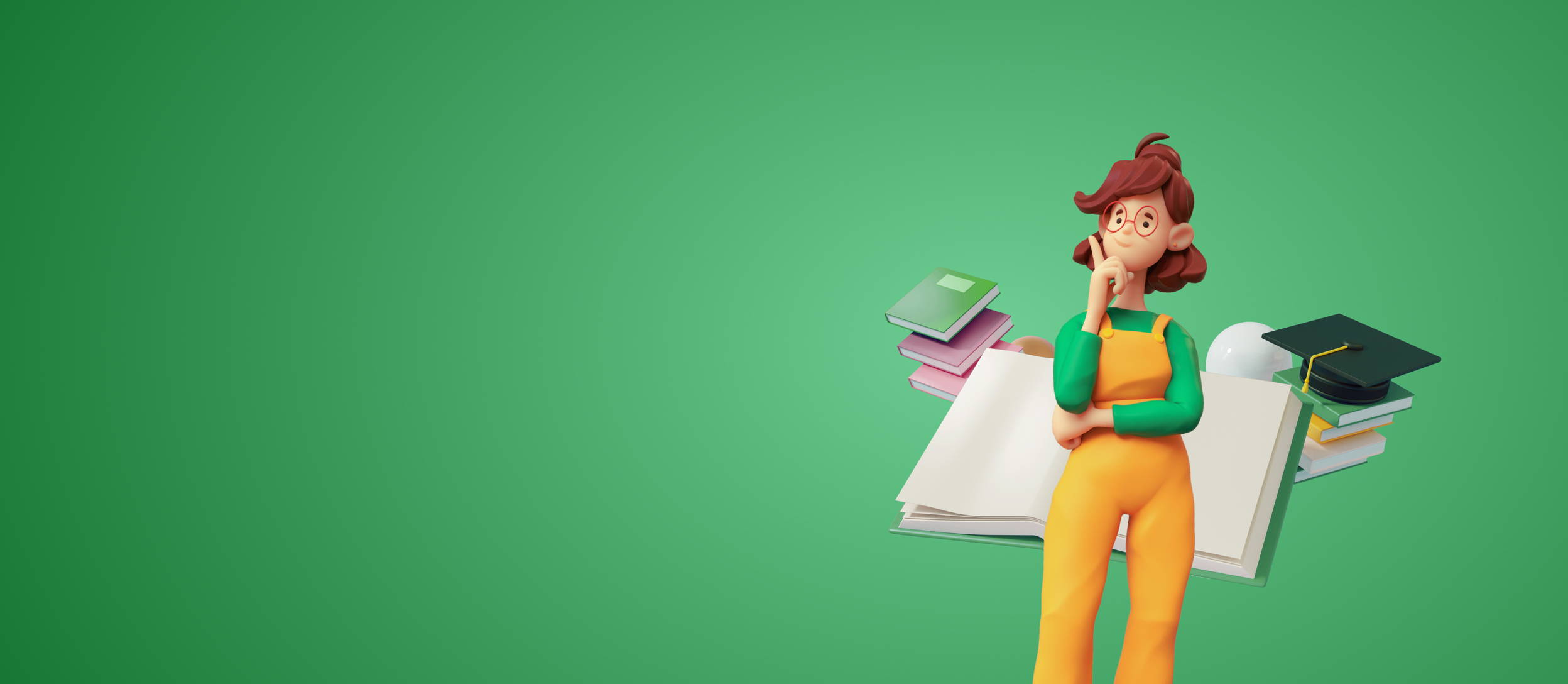 Woman thinking with a pile of books and a graduation cap (large)