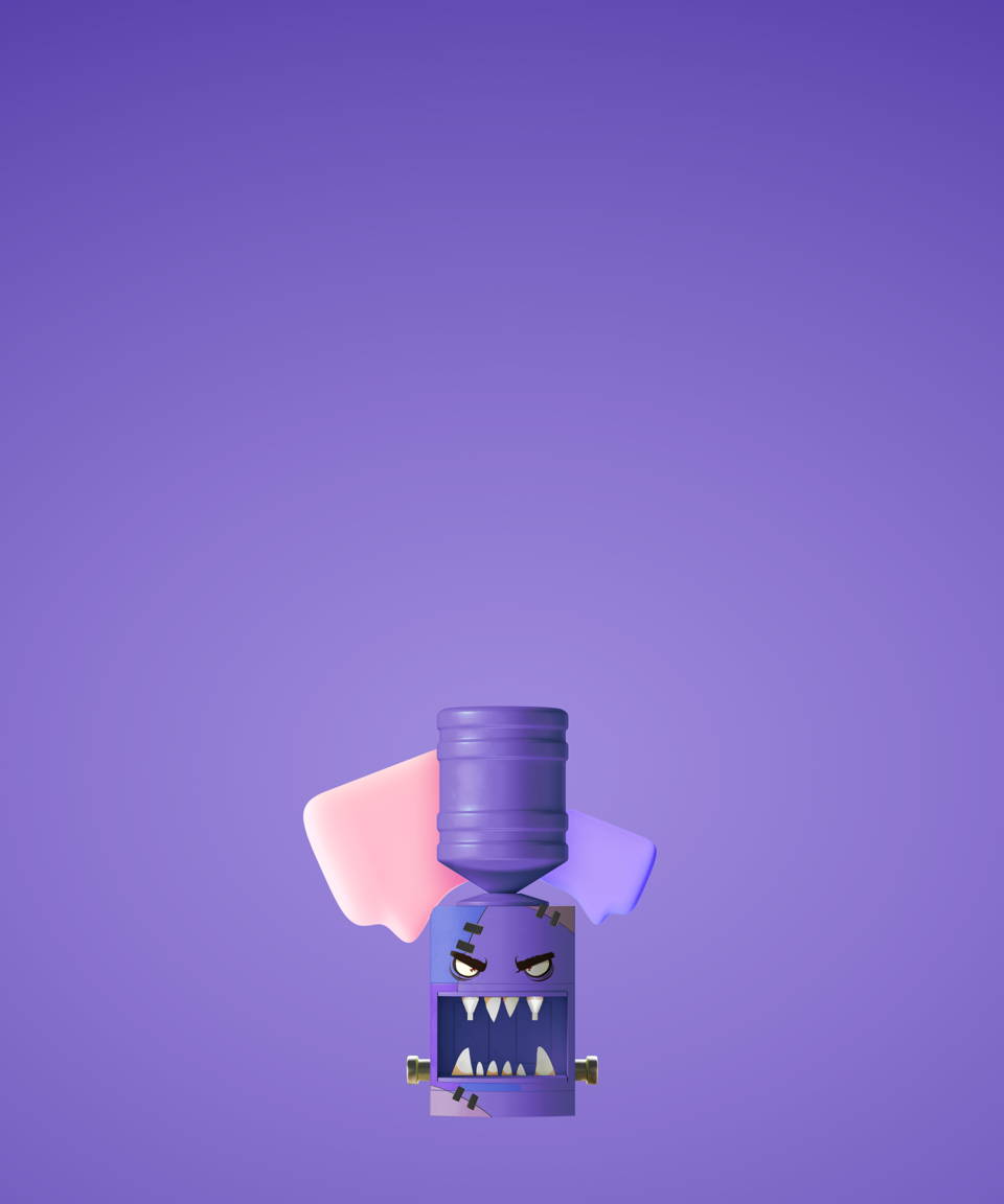 Pink and purple speech bubbles behind a purple water cooler with a scary cartoon monster face for Confetti's Virtual Halloween Water Cooler