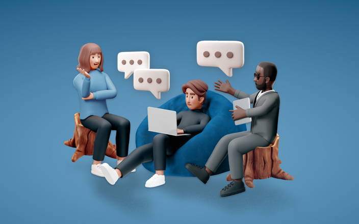 Three 3D cartoon employees sitting around and talking for Confetti's Virtual Culture Workshop