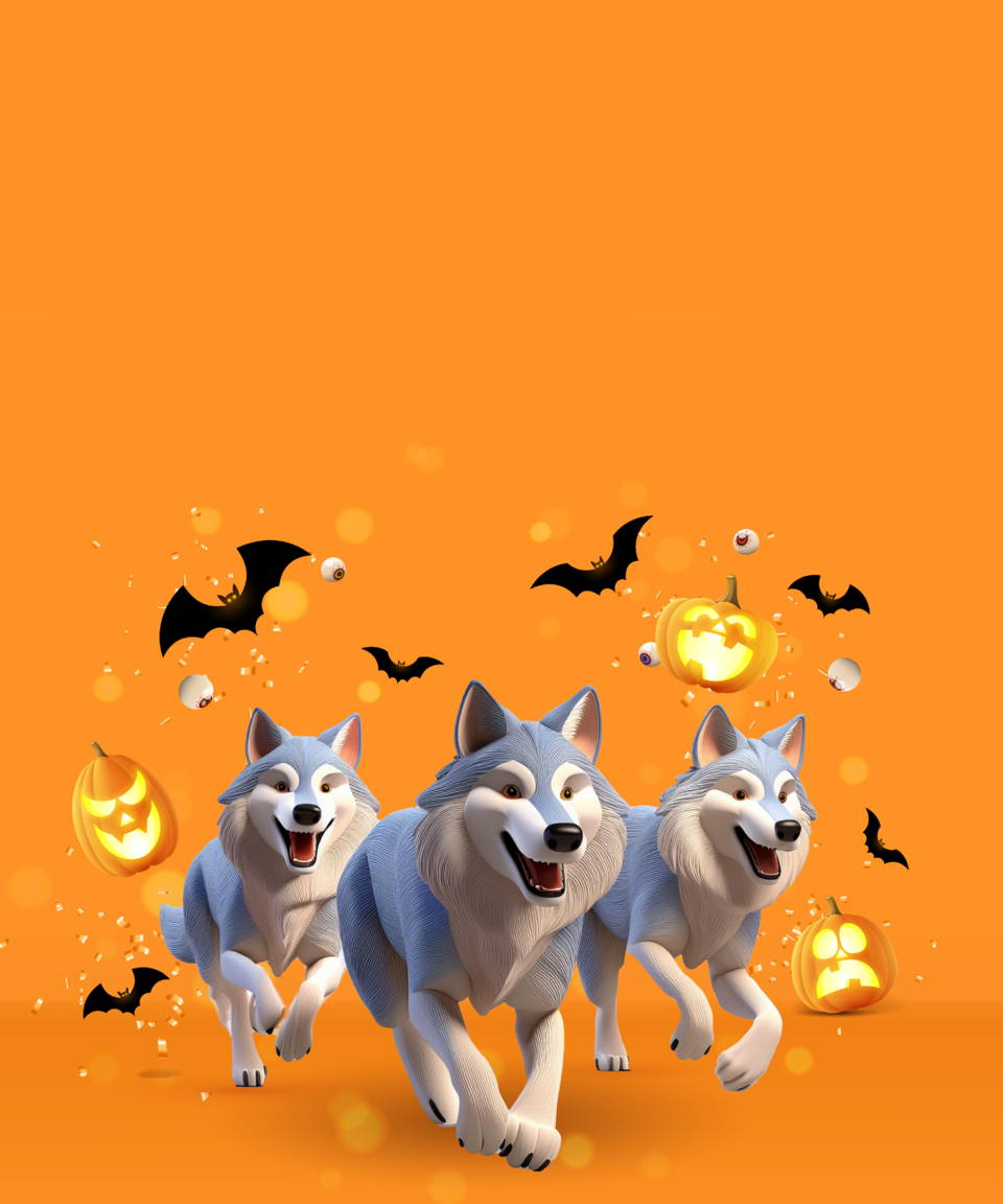 Pack of wolves running with flying bats and pumpkins (small)