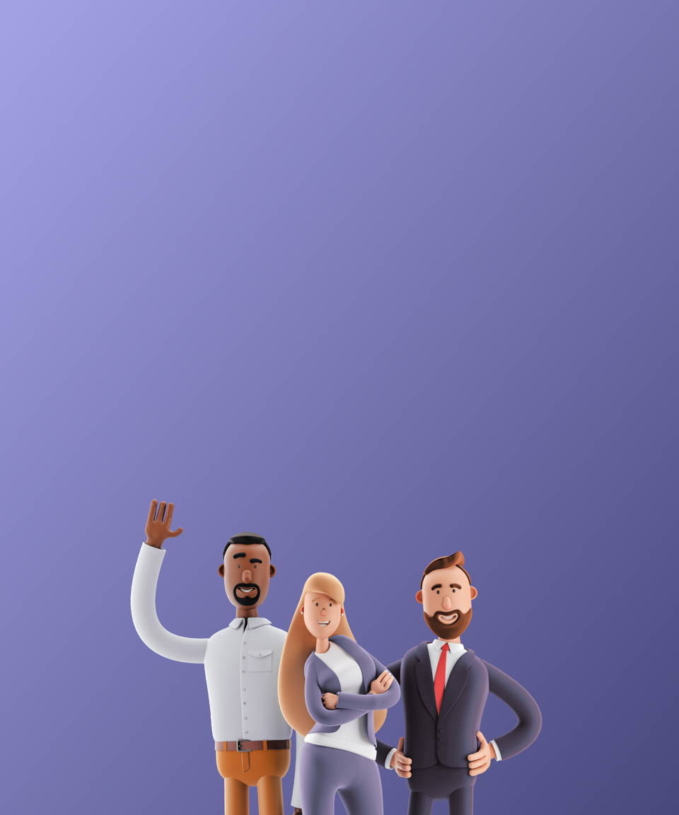 Three cartoon business people smiling and waving for Confetti's Virtual Custom Company Coworker Feud