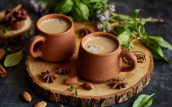 Two cups of masala chai on wooden board with spices (preview)