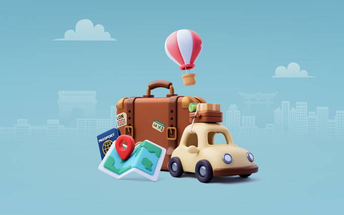Map, passport, suitcase, car, hot balloon in city (preview)