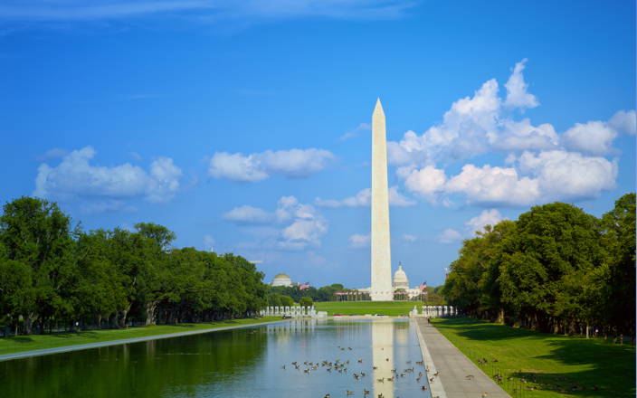 The Washington Monument scene, with a blue sky and trees, and American flags in the background.