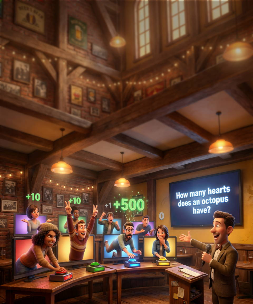 A group of people playing trivia together. People earn different points as a question pops up on the board and they answer.