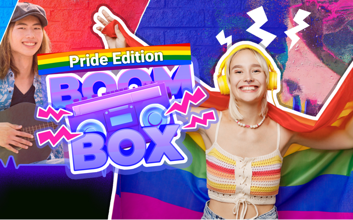 Woman wearing headphones holding a Pride flag with the Boom Box: Pride Edition logo