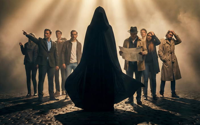 A dark cobblestone street with a crowd of people standing underneath a bright light, and a tall cloaked figure standing in front of them, but facing us