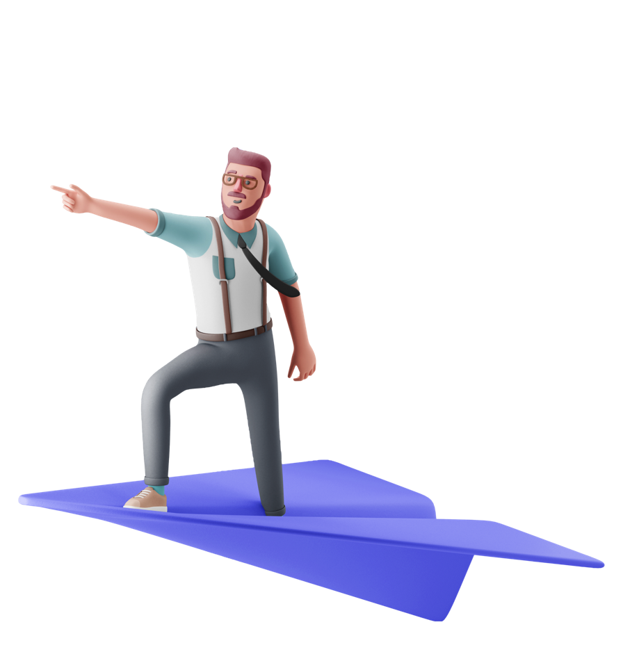 Leader pointing and flying on a large paper airplane