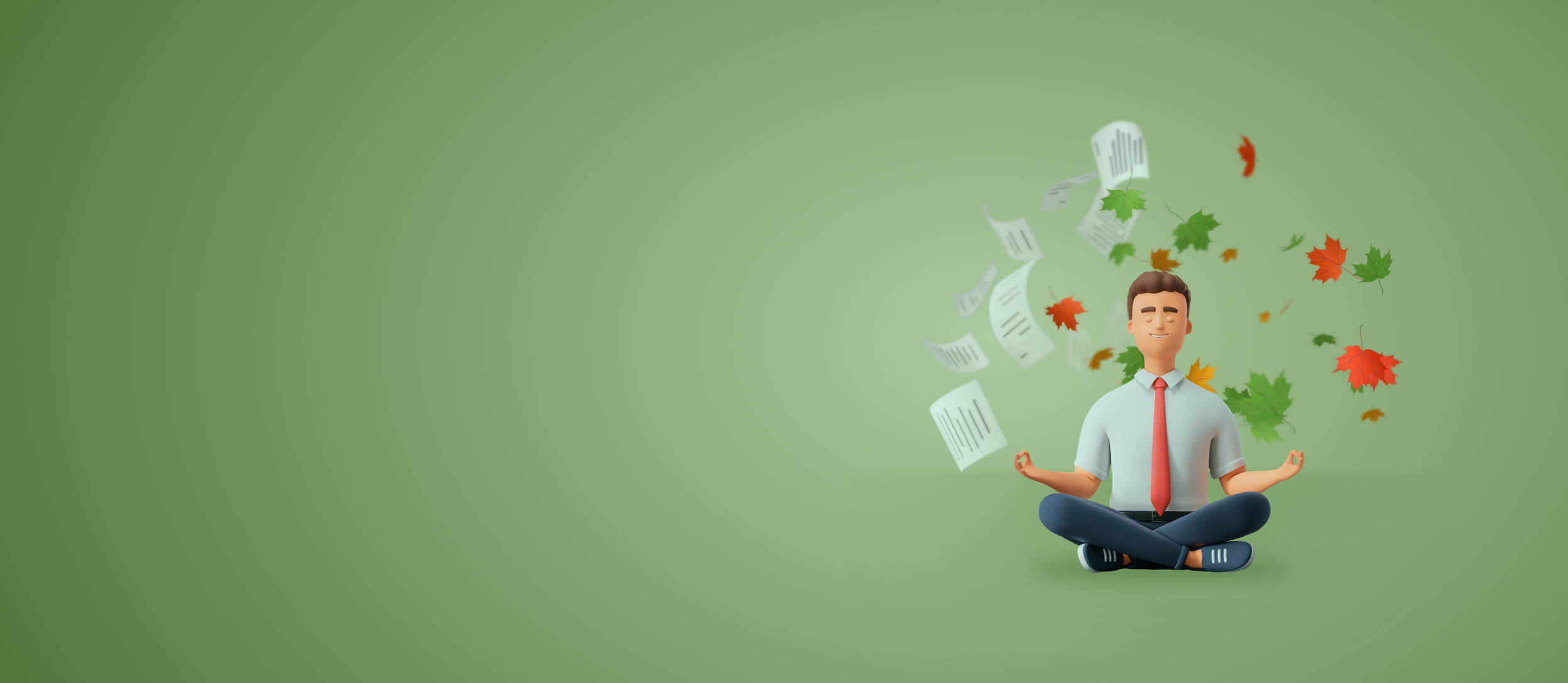 A business man in lotus position with papers and leaves flying behind him for Confetti's Virtual Meditation Classes
