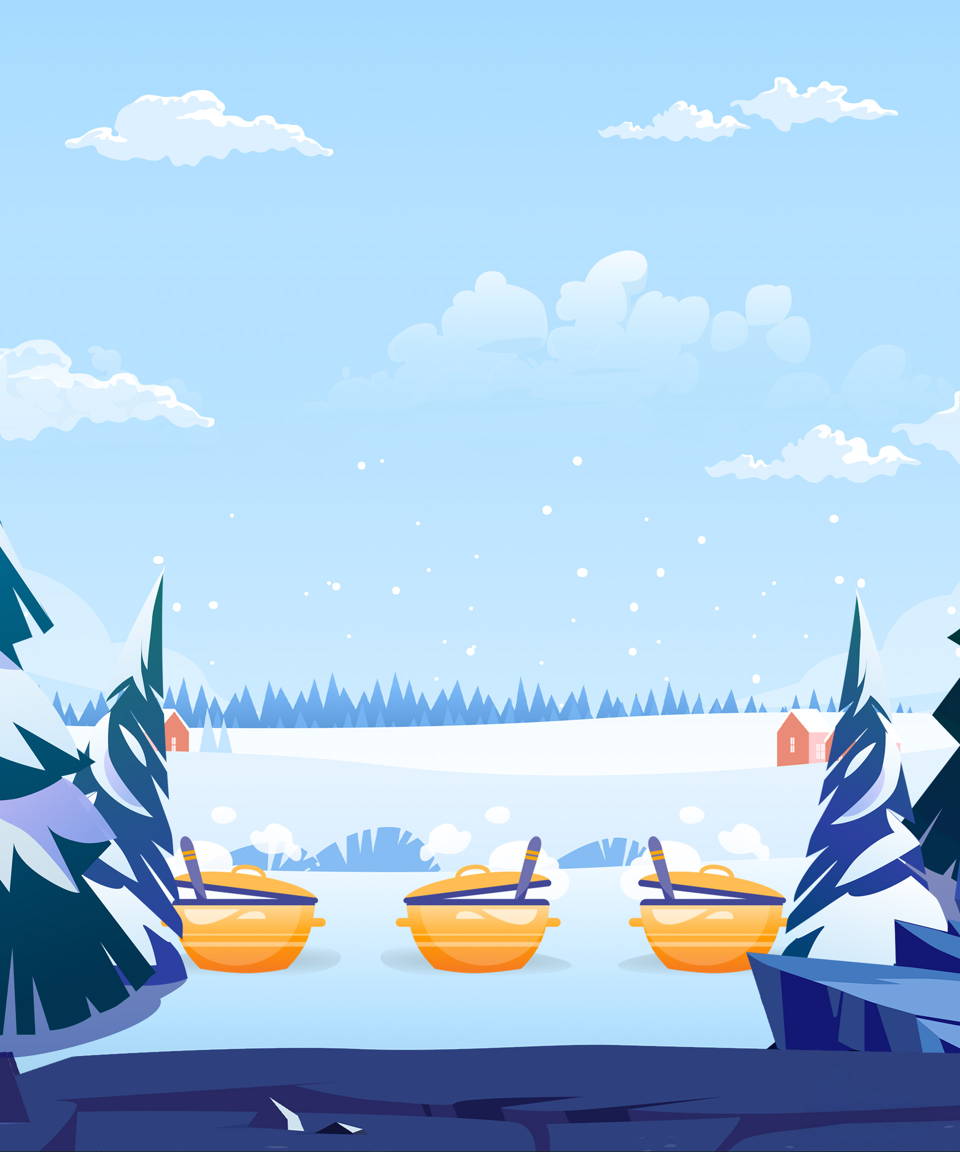 A wintery scene of reindeer in front of a snowy town for Confetti's Virtual Winter Mini Games
