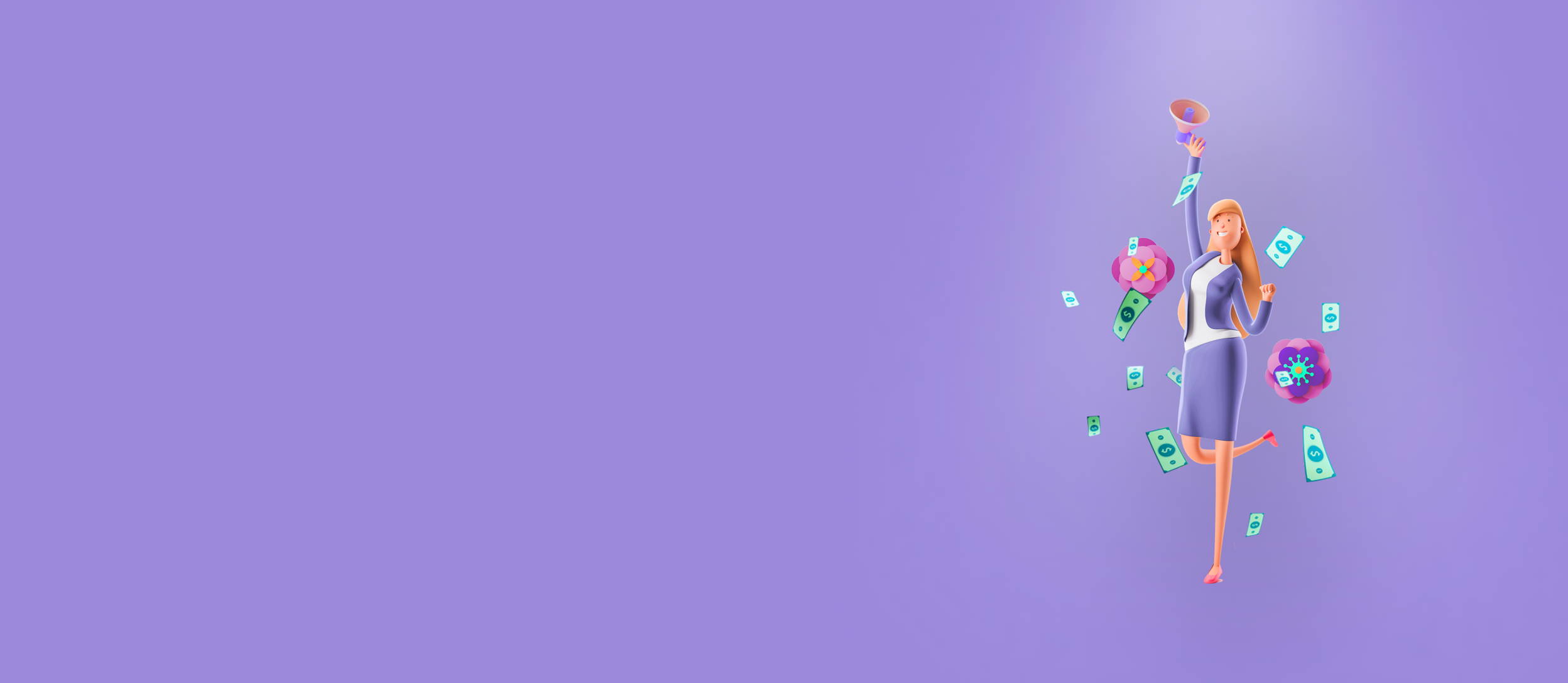 Money and flowers falling around a 3D cartoon businesswoman holding a megaphone for Confetti's Virtual Women's History Jeopardy