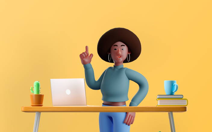 A Black woman at her desk raising her hand with an answer for Confetti's Virtual Black Trivia